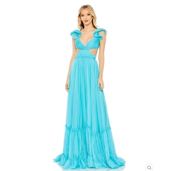 Mac Duggal Ruffled Shoulder Cut Out Lace Up Gown Dress Blue Green Size 10 - Picture 3 of 16